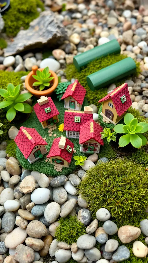27 Charming Farmhouse Garden Ideas to Enhance Your Outdoor Space 5 A whimsical fairy garden featuring miniature houses with red roofs, surrounded by pebbles and lush green moss.