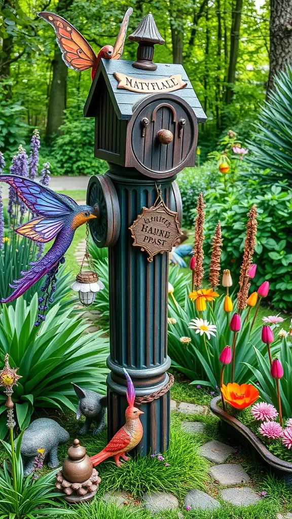 21 Creative DIY Mailbox Post Ideas for a Unique Curb Appeal 19 A whimsical fairy tale mailbox setup featuring a birdhouse-style mailbox with butterflies and colorful flowers in the garden.