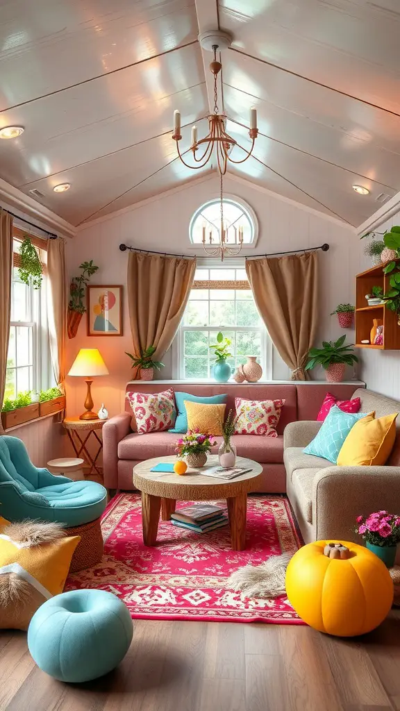17 Inspiring Mobile Home Living Room Ideas to Transform Your Space 16 A colorful living room with a chandelier, bright cushions, a patterned rug, and playful poufs.