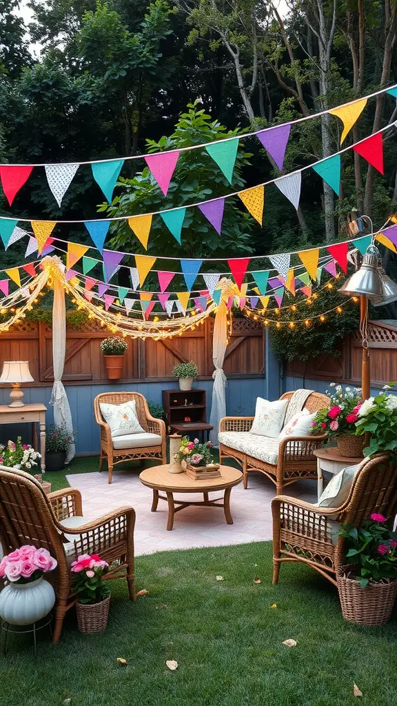 21 Creative Mother's Day Decor Ideas to Celebrate Mom 9 A colorful garden party setup with bunting, cozy seating, and blooming flowers.