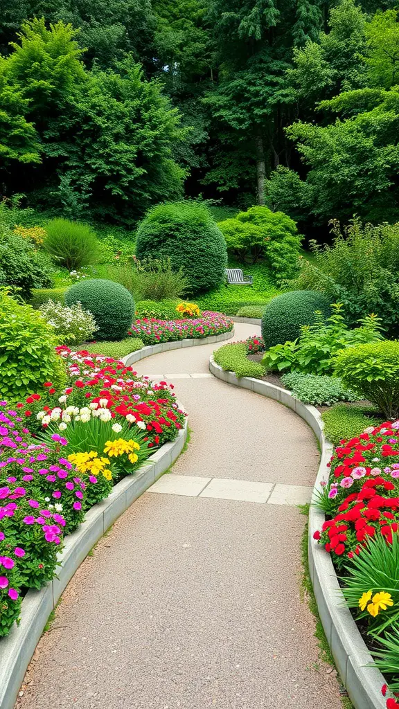 17 Creative Curved Flower Bed Ideas to Enhance Your Garden 5 Curved garden pathway surrounded by colorful flower beds and greenery