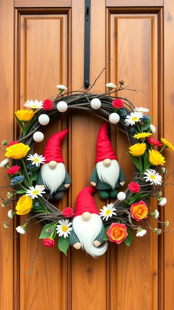 15 Beautiful DIY Spring Wreaths for Your Front Door 13 A whimsical gnome wreath with red-hatted gnomes and colorful flowers on a wooden door.