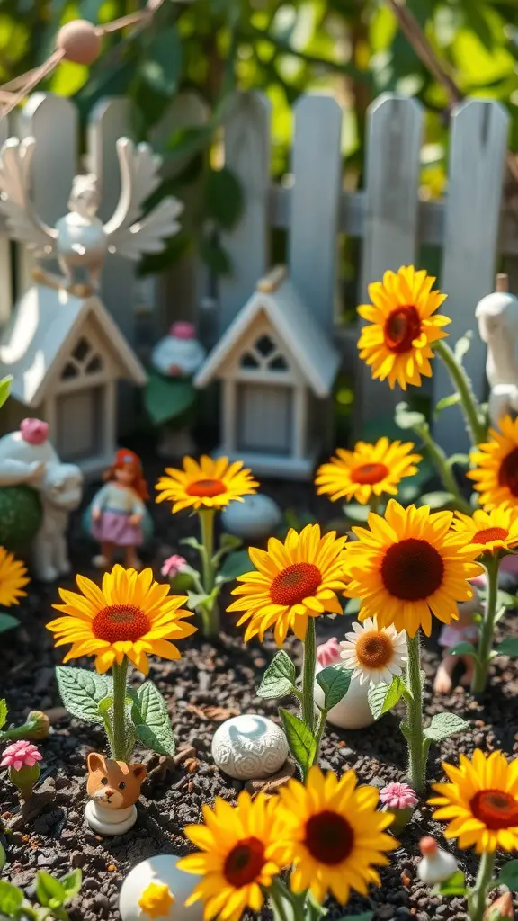 19 Stunning Flower Bed Ideas for Full Sun Gardens 15 A whimsical fairy garden filled with sunflowers, miniature houses, and playful figurines.