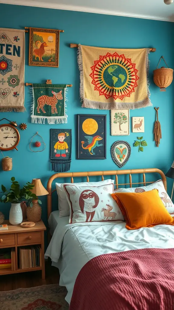 15+ Enchanting Fairycore Bedroom Ideas to Transform Your Space 17 A cozy bedroom featuring colorful wall hangings, including tapestries and framed art, against a turquoise wall.