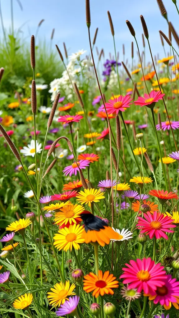 21 Beautiful Small Flower Bed Ideas for a Stunning Garden 12 A vibrant wildflower bed with various colorful flowers blooming under a blue sky.