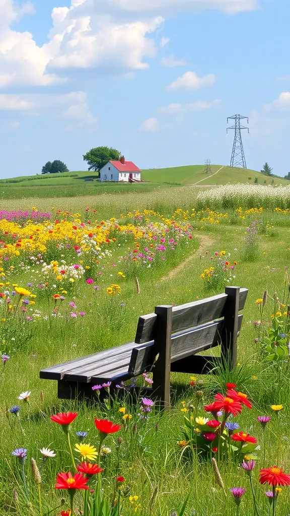 27 Charming Farmhouse Garden Ideas to Enhance Your Outdoor Space 9 A wooden bench surrounded by blooming wildflowers with a farmhouse in the background