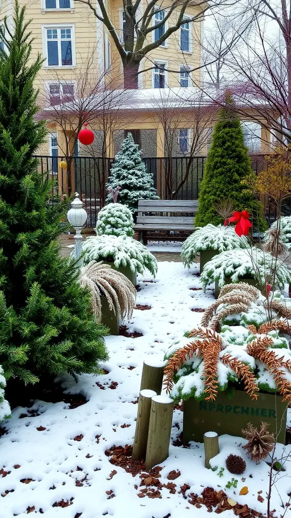 27 Creative Small Garden Plans for Limited Spaces 27 A winter garden scene with snow-covered plants, evergreen trees, and festive decorations.