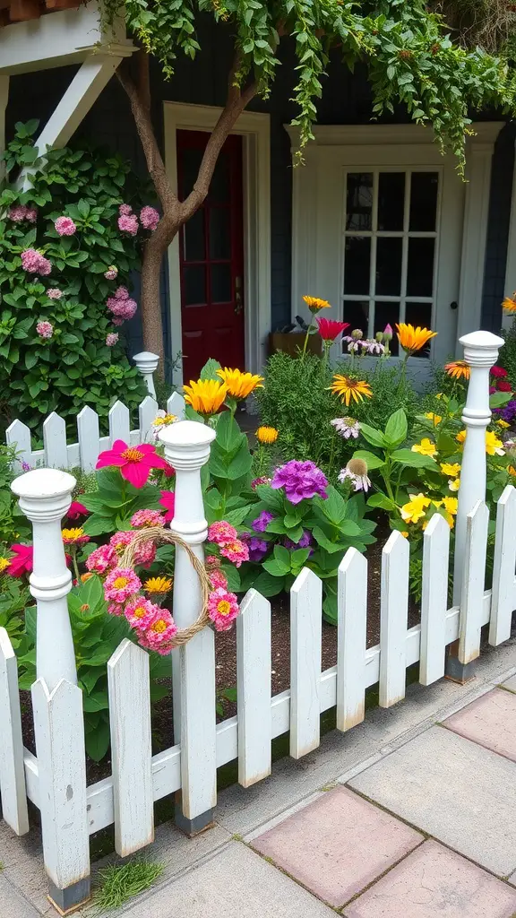 21 Creative Flowerbed Edging Ideas for a Stunning Garden 15 A charming cottage-style garden with a white picket fence surrounding colorful flowers.
