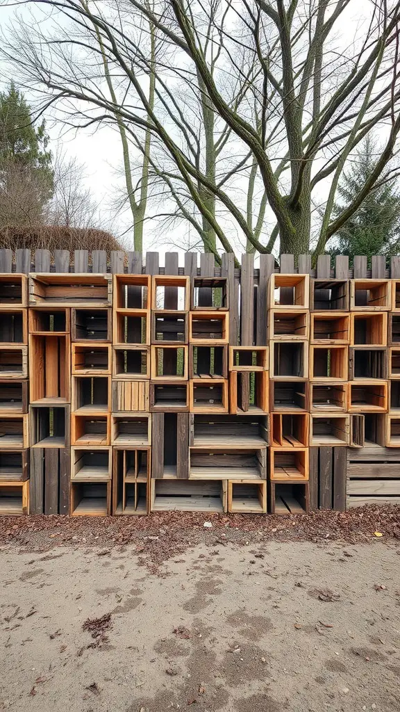 27 Affordable DIY Fence Ideas to Transform Your Yard 23 Wood crate fence made from stacked wooden crates