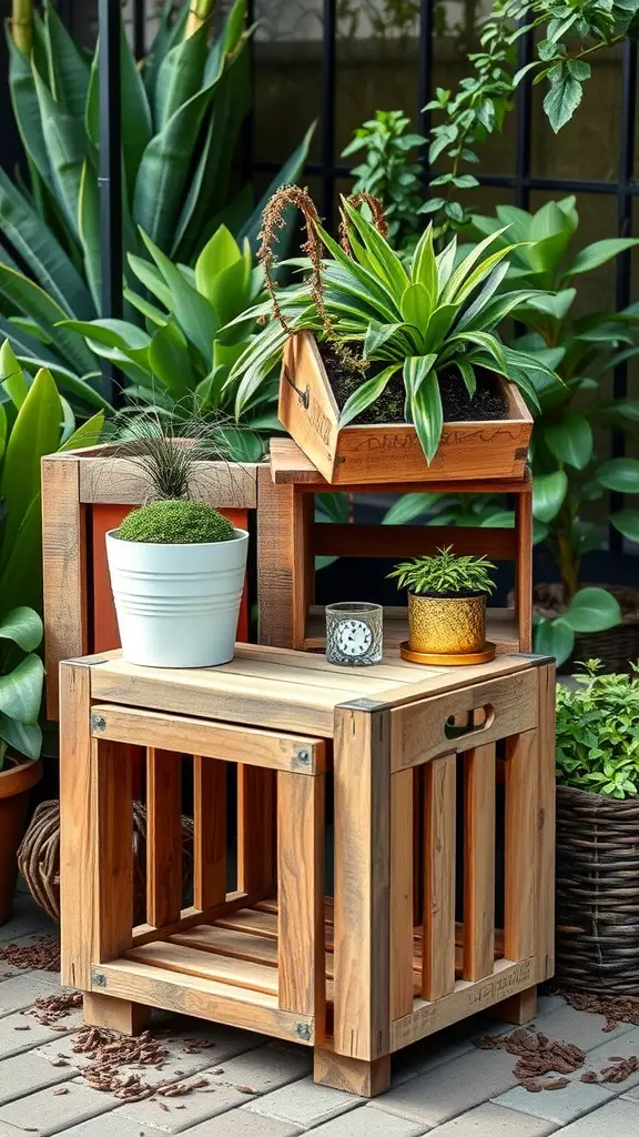 29 Affordable DIY Patio Furniture Ideas for Your Outdoor Space 8 Wooden crate side table with plants on top in a green outdoor setting