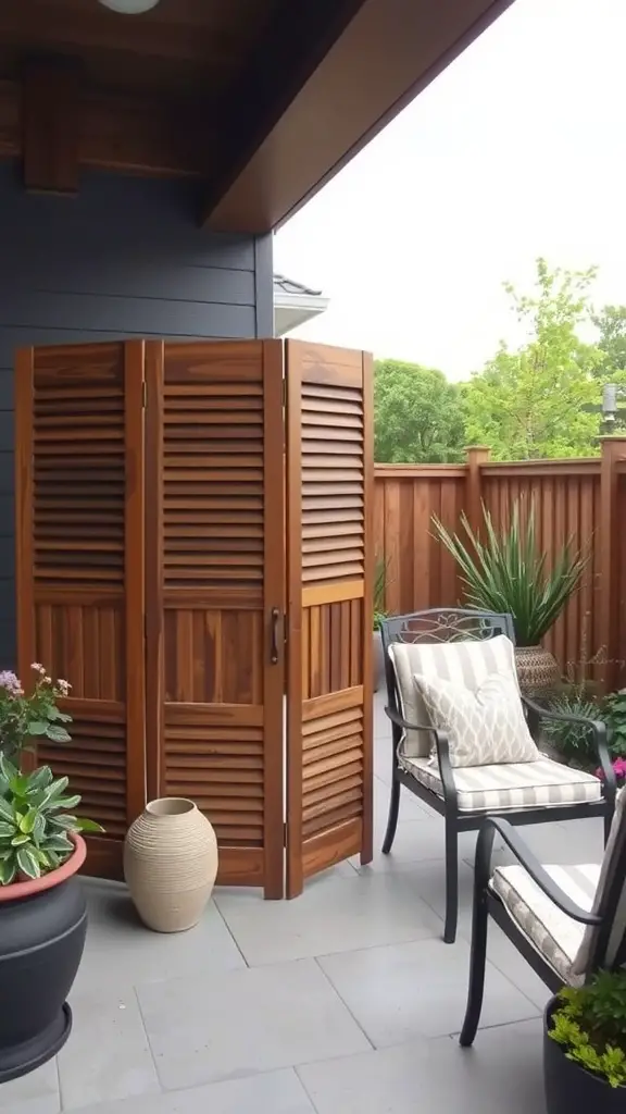 29 Affordable DIY Patio Furniture Ideas for Your Outdoor Space 29 A wooden folding screen creating a cozy corner on a patio with plants and outdoor seating.