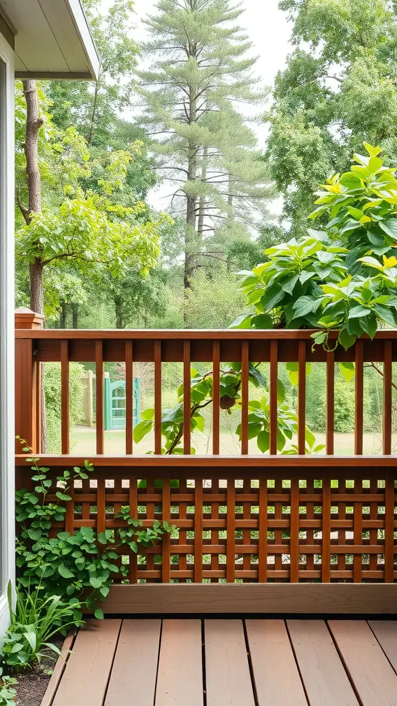 19 Creative Deck Skirting Ideas for Your Outdoor Space 8 A wooden lattice panel under a deck with greenery surrounding it.