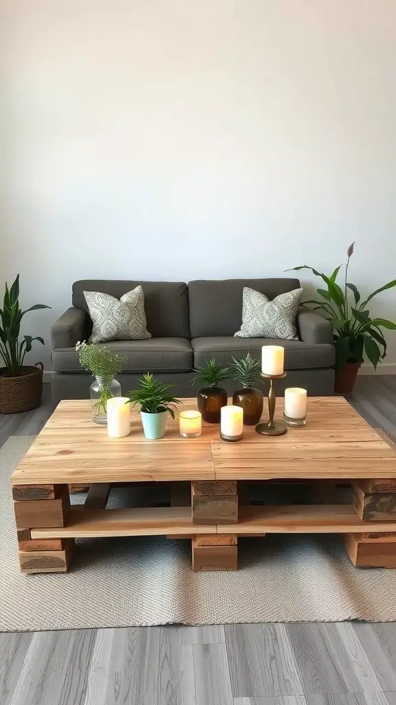 29 Affordable DIY Patio Furniture Ideas for Your Outdoor Space 19 A wooden pallet coffee table decorated with candles and plants