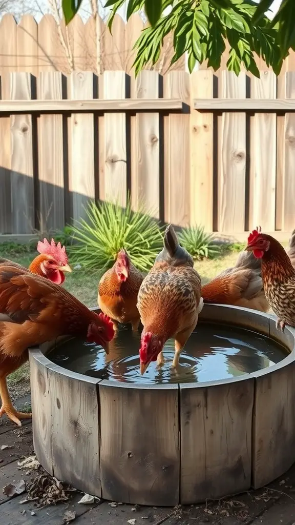 17 Creative DIY Chicken Waterer Ideas for Your Coop 8 Chickens drinking from a wooden water station in a backyard setting.