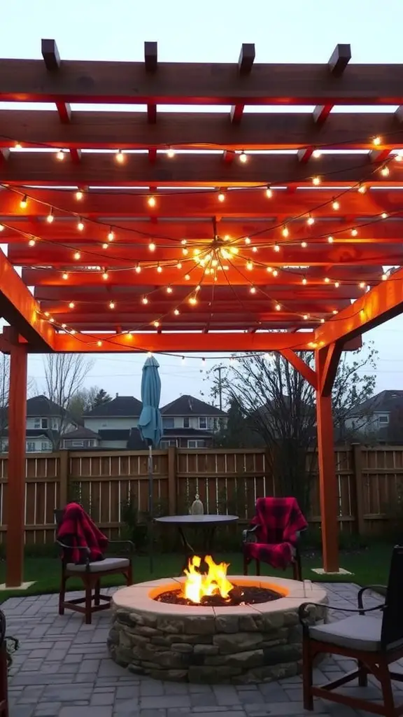 17 Inspiring Backyard Patio and Fire Pit Ideas 5 A wooden pergola with hanging lights over a fire pit, surrounded by chairs and a cozy atmosphere.