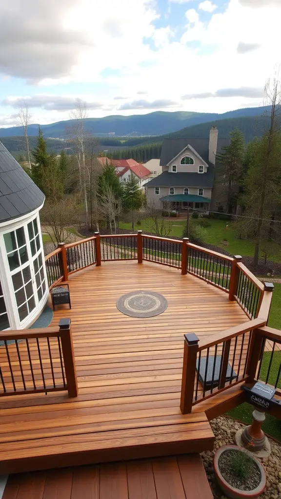 21 Unique Deck Layout Ideas You’ll Love 5 A wraparound deck with wooden flooring and railings, surrounded by trees and houses, offering a scenic view.
