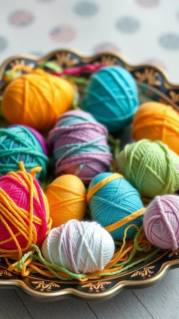 Colorful yarn-wrapped Easter eggs on a decorative plate