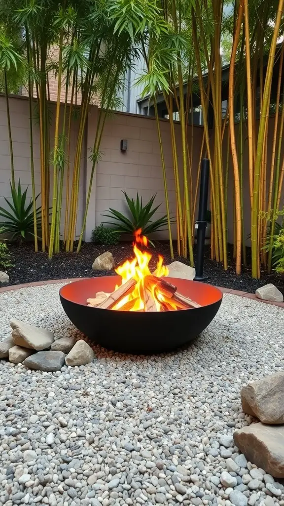 17 Inspiring Backyard Patio and Fire Pit Ideas 12 Zen garden patio featuring a fire pit surrounded by bamboo and pebbles.