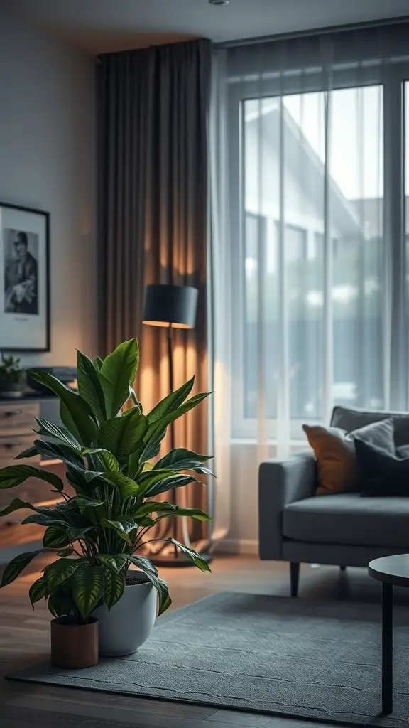 A ZZ plant in a stylish living room corner, showcasing its lush green leaves and modern decor.